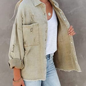 Necooer Women's Washed Denim Jacket Casual Long Boyfriend Distressed Vintage army green Jean Jacket Autumn Spring (Medium,C-ArmyGreen)