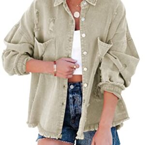 Necooer Women's Washed Denim Jacket Casual Long Boyfriend Distressed Vintage army green Jean Jacket Autumn Spring (Medium,C-ArmyGreen)