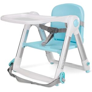flippa baby booster seat for dining table, folding portable booster chair for toddlers eating with tray and seat belt blue