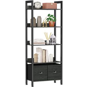 furologee 5-tier bookshelf, tall bookcase with 2 storage drawers, industrial display standing shelf units, wood and metal storage shelf for living room, bedroom, home office, black oak