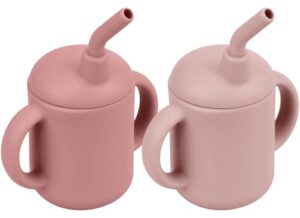 mintlyfe baby trainer cup, silicone training cup with handles lid and straw, bpa-free, unbreakable, spill proof and non-slip handles sippy cup for toddlers, 4 oz, pack of 2, (mauve & blush)