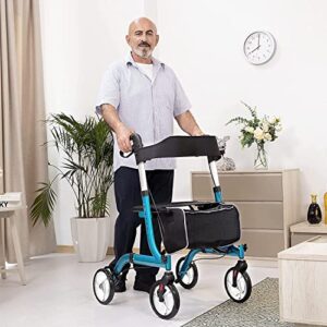 Winlove Rollator Walkers for Seniors-Folding Rollator Walker with Seat and Four 8-inch Wheels-Medical Rollator Walker with Comfort Handles and Thick Backrest-Lightweight Aluminium Frame,Blue