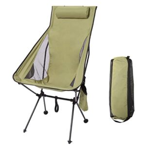 sequpr ultralight high backoutdoor folding camping chair， heavy duty mesh lightweight beach lounge chair with pillow and cup bag, large chair for travel, hiking,fishing,beach (green)