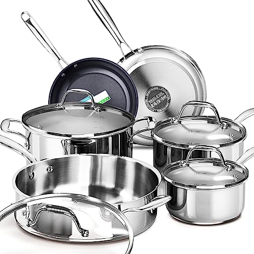 MILCIL Stainless Steel Pots and Pans Set Ceramic Nonstick, 10 pcs Professional Home Chef Kitchen Cookware Set, Free of PTFE/PFOA/PFAS, NO TOXIN, Oven and Dishwasher safe