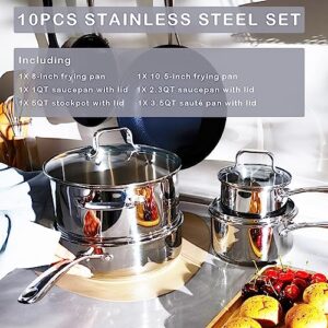 MILCIL Stainless Steel Pots and Pans Set Ceramic Nonstick, 10 pcs Professional Home Chef Kitchen Cookware Set, Free of PTFE/PFOA/PFAS, NO TOXIN, Oven and Dishwasher safe
