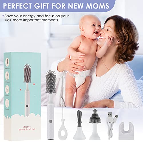 Electric Bottle Brush Set with Baby Bottle Brush, 2 Nipple Brush, Straw Cleaner Brush, Electric Baby Bottle Cleaner, Gift for Pregnant Women and New Moms,White