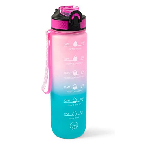 Mayim 32 oz Water Bottles with Times to Drink and Straw, Motivational Water Bottle with Time Marker, Leakproof & BPA Free, Drinking Sports Water Bottle for Fitness, Gym & Outdoor (Pink & Teal)