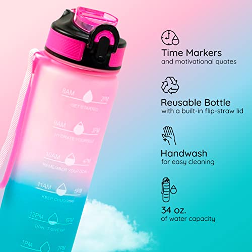 Mayim 32 oz Water Bottles with Times to Drink and Straw, Motivational Water Bottle with Time Marker, Leakproof & BPA Free, Drinking Sports Water Bottle for Fitness, Gym & Outdoor (Pink & Teal)