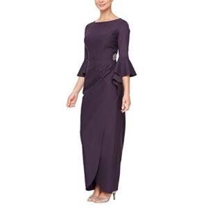 alex evenings women's slimming long side ruched dress with embellishment at hip, aubergine, 8