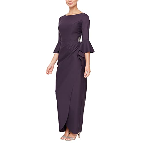 Alex Evenings Women's Slimming Long Side Ruched Dress with Embellishment at Hip, Aubergine, 8