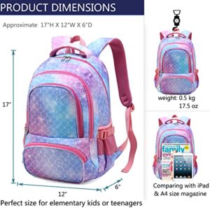 BLUEFAIRY Mermaid Backpack for Girls Elementary School Bags for Kids Primary School Cute Book Bags Fish Scale Child Gifts Presents Travel Mochila Sirenpara Niñas Lightweight 17 Inch (Rose)