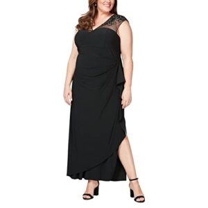 alex evenings women's plus size embroidered long dress, black illusion, 16w