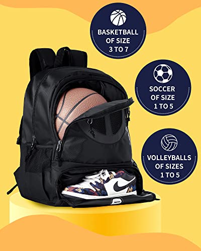TRAILKICKER Mesh Black Basketball Soccer Bag Backpack Sports Volleyball Football Bag with Ball and Shoe Compartment for Boys Girls Man Women Ball Equipment Bag Basketball Stuff