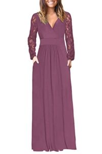 pygfemr women's lace long sleeve maxi dress v neck wrap waist maxi dresses with pockets 2022 new mauve l