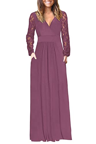 PYGFEMR Women's Lace Long Sleeve Maxi Dress V Neck Wrap Waist Maxi Dresses with Pockets 2022 New Mauve L