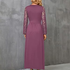 PYGFEMR Women's Lace Long Sleeve Maxi Dress V Neck Wrap Waist Maxi Dresses with Pockets 2022 New Mauve L