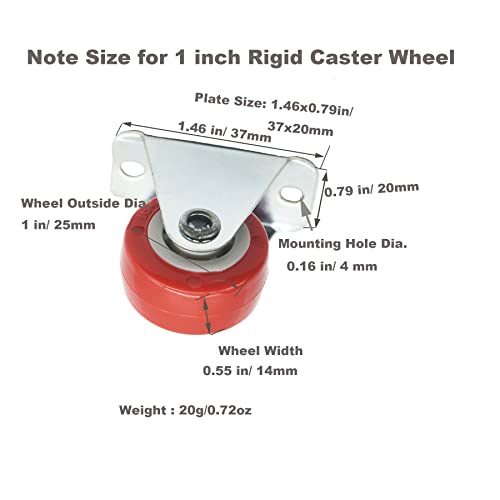 Floyutin 1 inch Rigid No-Swivel Plate Hard Rubber Caster Wheels for Furniture and Workbench 6 Packs(Free Screws)