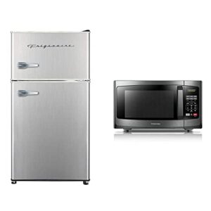 frigidaire efr341, 3.2 cu ft 2 door fridge and freezer, platinum series, stainless steel, double & toshiba em925a5a-bs microwave oven, 0.9 cu ft/900w, black stainless steel