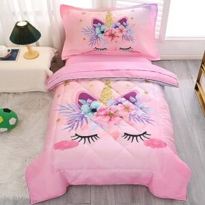 kinbedy 4 piece unicorn toddler bedding sets for girls pink floral cartoon bed sheets toddler bed comforter set for baby girls bedroom set | include comforter, flat sheet, fitted sheet, pillowcase