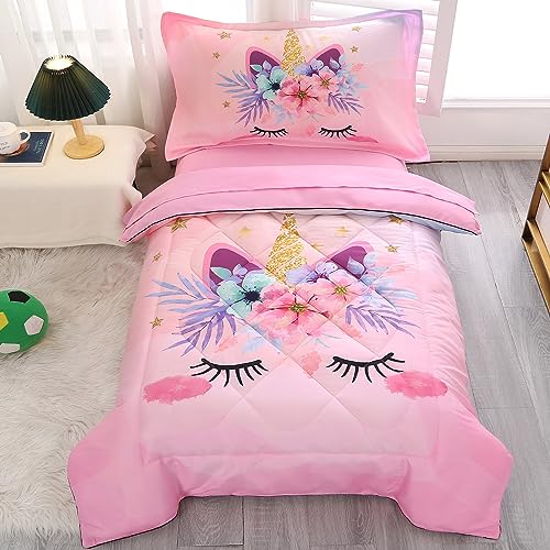 KINBEDY 4 Piece Unicorn Toddler Bedding Sets for Girls Pink Floral Cartoon Bed Sheets Toddler Bed Comforter Set for Baby Girls Bedroom Set | Include Comforter, Flat Sheet, Fitted Sheet, Pillowcase