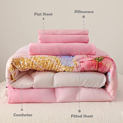 KINBEDY 4 Piece Unicorn Toddler Bedding Sets for Girls Pink Floral Cartoon Bed Sheets Toddler Bed Comforter Set for Baby Girls Bedroom Set | Include Comforter, Flat Sheet, Fitted Sheet, Pillowcase