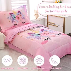 KINBEDY 4 Piece Unicorn Toddler Bedding Sets for Girls Pink Floral Cartoon Bed Sheets Toddler Bed Comforter Set for Baby Girls Bedroom Set | Include Comforter, Flat Sheet, Fitted Sheet, Pillowcase