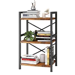 homeiju bookshelf, 3 tier industrial bookcase, metal small bookcase, rustic etagere book shelf storage organizer for living room, bedroom, and home office(rustic brown) patent pending d29873033