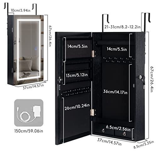 Lavievert Jewelry Armoire with LED Lighted Mirror, Wall/Door Mounted Frameless Mirror with 3 Color Lights, Lockable Jewelry Cabinet Hanging Jewelry Organizer with 2 Drawers - Black