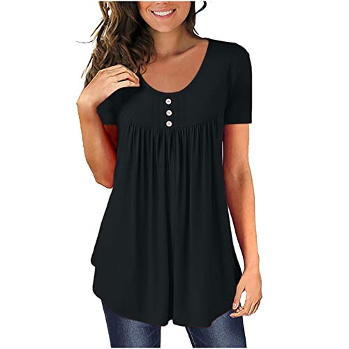 Women Fall Tops Hide Belly Tunic 2022 Summer Short Sleeve T Shirt Cute Flowy Henley Tshirt Casual Dressy Blouses for Leggings Black