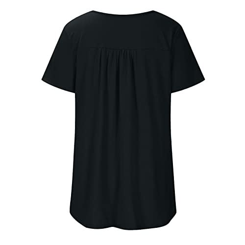 Women Fall Tops Hide Belly Tunic 2022 Summer Short Sleeve T Shirt Cute Flowy Henley Tshirt Casual Dressy Blouses for Leggings Black