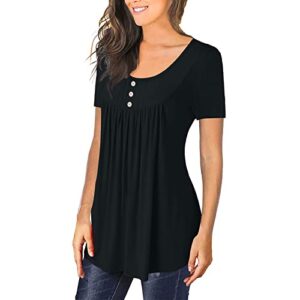 Women Fall Tops Hide Belly Tunic 2022 Summer Short Sleeve T Shirt Cute Flowy Henley Tshirt Casual Dressy Blouses for Leggings Black