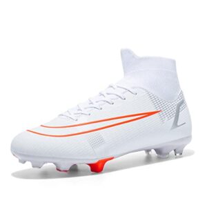 YSGDB Men's Athletic Soccer Shoes Cleats Spike Shoes Turf Outdoor Football Shoes High Top Ankle Soccer Boots - Indoor Training TF/AG White