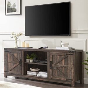 t4tream farmhouse tv stand for tvs up to 75 inches, wood barn door media television console table with storage cabinets, easy assembly modern entertainment center for living room, dark rustic oak