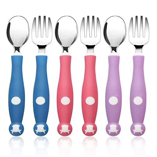 6 Pieces Toddler Utensils Kids Silverware Set with Silicone Handle, Children Safe Forks and Spoons Toddler Cutlery, 316 Stainless Steel & Food Grade Silicone