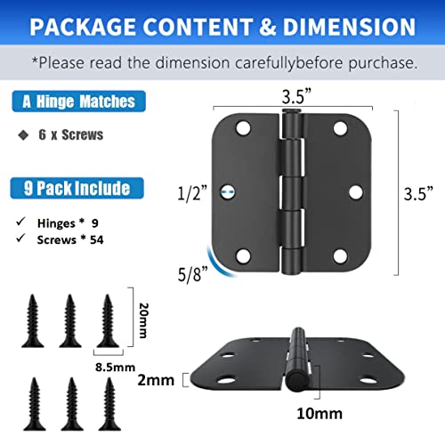 9 Pack Matte Black Door Hinges,3.5 Inch Door Hinges Black Matte with 5/8" Radius,Fit Standard Door/Bedroom Door/Exterior Door/Interal Door Hardware Hinges,Black Finish Hinges for Doors 3 1/2 Inch