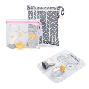 damero breast pump parts bag, wet dry breast pump parts bag, pumping bag with waterproof mat and mesh bag, gray arrow