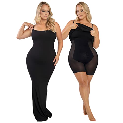 Popilush Shaper Maxi Bodycon Dress Built in Bra Bodysuit for Women Long Backless Slip Spaghetti Strap Dresses with Shapewear Black