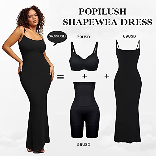 Popilush Shaper Maxi Bodycon Dress Built in Bra Bodysuit for Women Long Backless Slip Spaghetti Strap Dresses with Shapewear Black