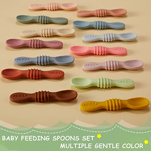 Potchen 14 Pack Silicone Baby Spoons First Stage Feeding for Babies and Toddlers Infant Spoon Led Weaning Training 6 Months Self Feeding, Soft Set, 4.5 x 1 inches