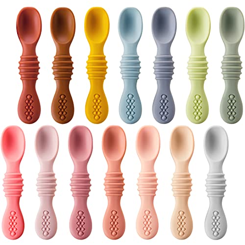 Potchen 14 Pack Silicone Baby Spoons First Stage Feeding for Babies and Toddlers Infant Spoon Led Weaning Training 6 Months Self Feeding, Soft Set, 4.5 x 1 inches