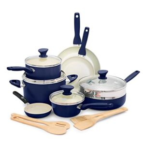 greenpan rio healthy ceramic nonstick 16 piece cookware pots and pans set, pfas-free, dishwasher safe, blue