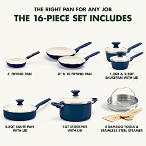 GreenPan Rio Healthy Ceramic Nonstick 16 Piece Cookware Pots and Pans Set, PFAS-Free, Dishwasher Safe, Blue
