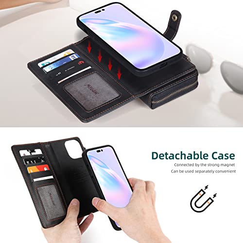 Misscase Compatible with iPhone 14 Wallet Case,Detachable Magnetic iPhone 14 Wallet Case with Card Holder,RFID Blocking,Zipper Wallet, Crossbody Strap,Card Slots for iPhone 14 6.1" Black
