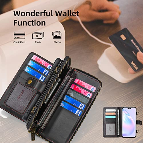 Misscase Compatible with iPhone 14 Wallet Case,Detachable Magnetic iPhone 14 Wallet Case with Card Holder,RFID Blocking,Zipper Wallet, Crossbody Strap,Card Slots for iPhone 14 6.1" Black