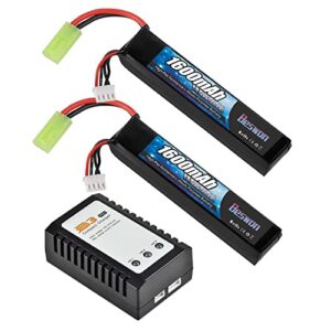 BESWON 2 Packs Airsoft Battery 11.1V Rechargeable 1600mAh 30C Lipo Battery Pack with 2S-3S Balance Charger for Airsoft Guns Rifle