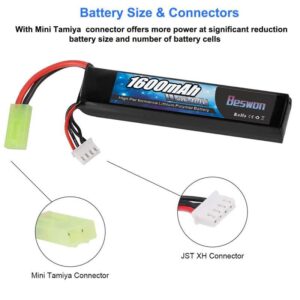 BESWON 2 Packs Airsoft Battery 11.1V Rechargeable 1600mAh 30C Lipo Battery Pack with 2S-3S Balance Charger for Airsoft Guns Rifle