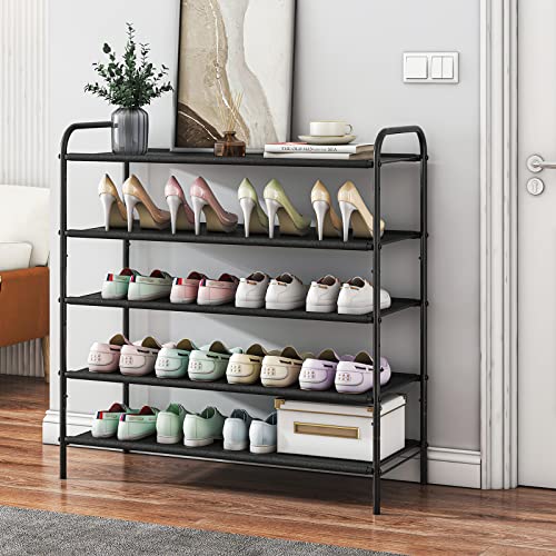 Wisdom Star 5 Tier Stackable Shoe Rack Organizer Storage, Adjustable Fabric Shoe Shelf for Closet Closet Hallway Bedroom Entryway, Black