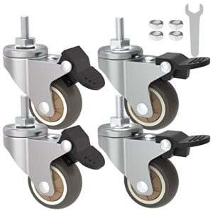 ok5star 1.5" mini caster wheels with brakes, 1/4"-20x1" threaded stem low profile tpr castors quiet rolling for small cart trolley dolly workbench furniture set of 4（fit 6mm to 6.35mm）