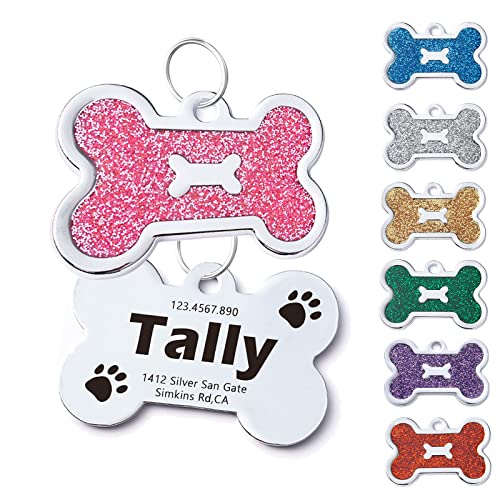 Dogs ID Tags Personalized Custom Engraved Pet Tag,Bone shape Cat Dog Name Tag,Back 4 Lines of Text 8 Shiny Colors Front Gold Blue Purple Red Pink Collar Pendant for Dogs