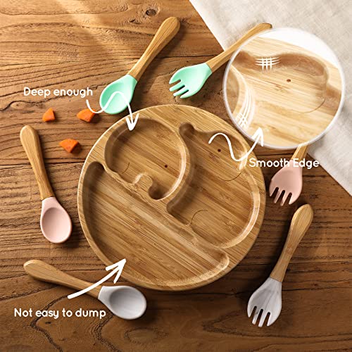 Mamimami Home Baby Bamboo Suction Plates Set with Spoons & Fork, Baby Food Dishes Feeding Set for Led Weaning Plate, Baby Utensils Set, BPA Free